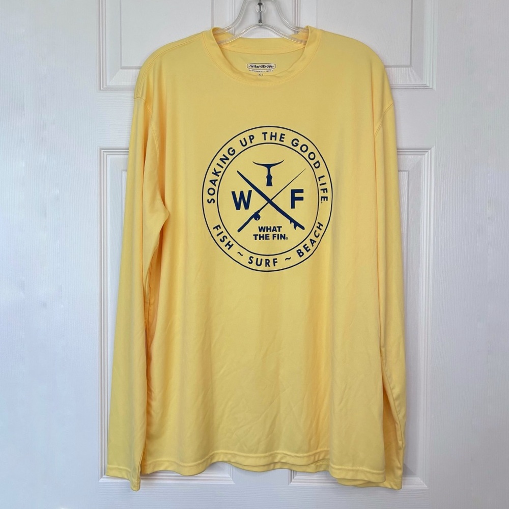 What The Fin WTF Long Sleeve Rash Guard Men’s XL Yellow Graphic Fishing Boating